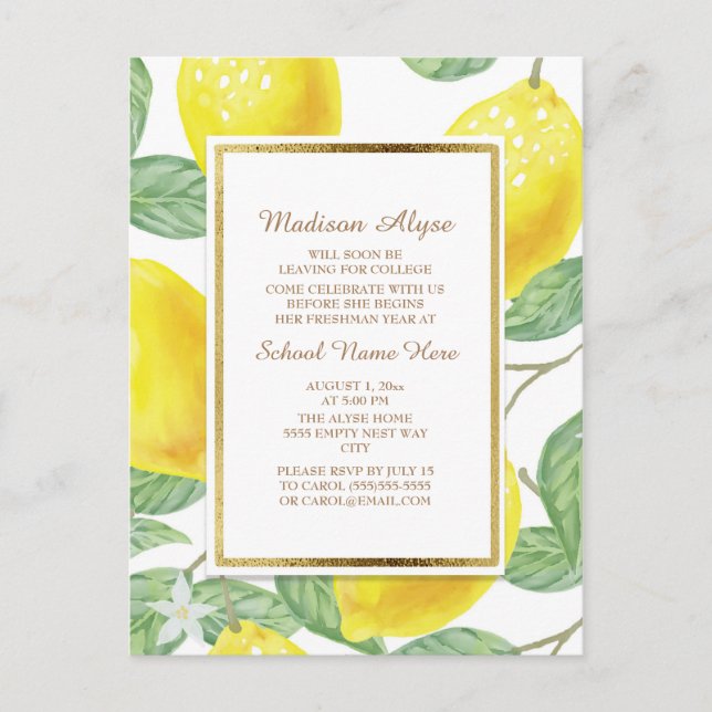 Yellow Lemons Green Leaves White Trunk Party Invitation Postcard (Front)