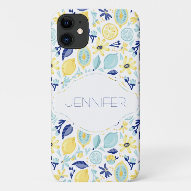 Yellow Lemons Mint Green and Blue Personalised Case-Mate iPhone Case (Back)