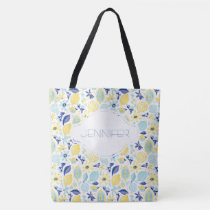 Yellow Lemons Mint Green and Blue Personalised Tote Bag