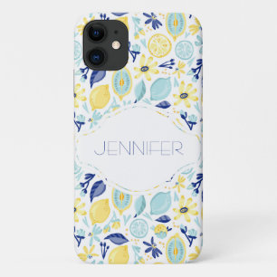 Yellow Lemons Mint Green and Blue Personalized iPhone 11 Case