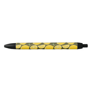 Yellow Lemons & Olive Green Pattern: Modern Citrus Black Ink Pen