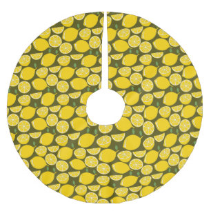 Yellow Lemons & Olive Green Pattern: Modern Citrus Brushed Polyester Tree Skirt
