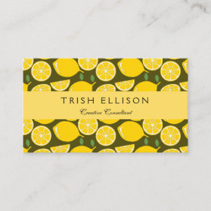 Yellow Lemons & Olive Green Pattern: Modern Citrus Business Card