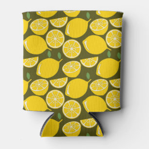 Yellow Lemons & Olive Green Pattern: Modern Citrus Can Cooler