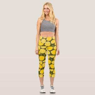 Yellow Lemons & Olive Green Pattern: Modern Citrus Capri Leggings