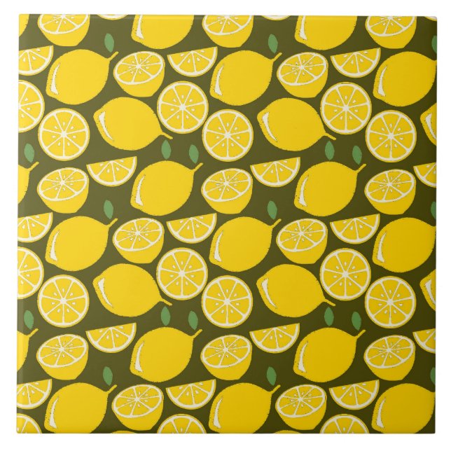 Yellow Lemons & Olive Green Pattern: Modern Citrus Ceramic Tile (Front)