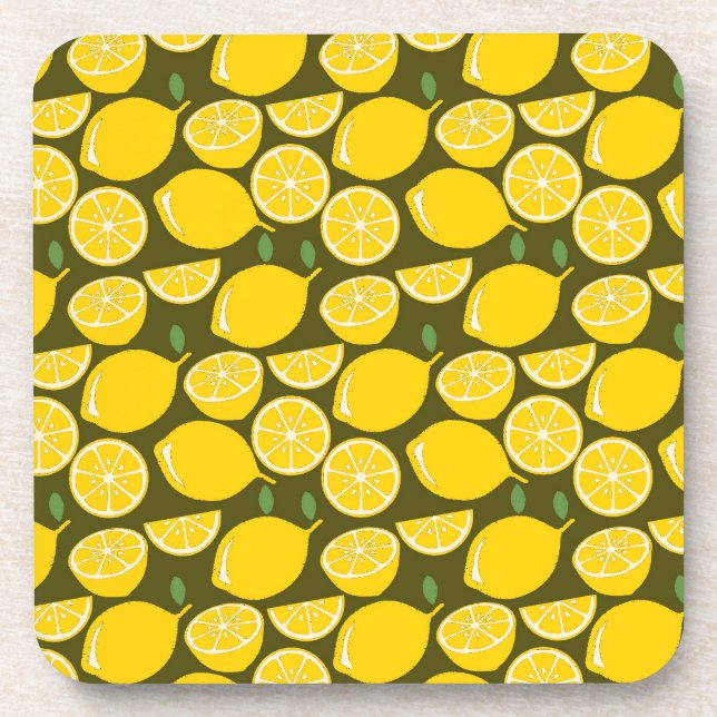 Yellow Lemons & Olive Green Pattern: Modern Citrus Coaster (Front)