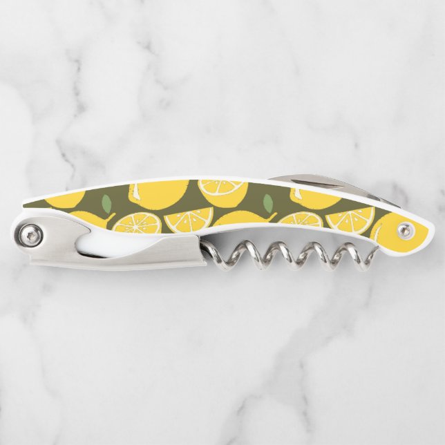 Yellow Lemons & Olive Green Pattern: Modern Citrus Corkscrew (Front)