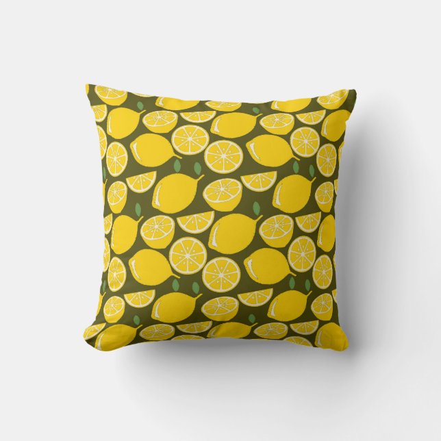 Yellow Lemons & Olive Green Pattern: Modern Citrus Cushion (Front)