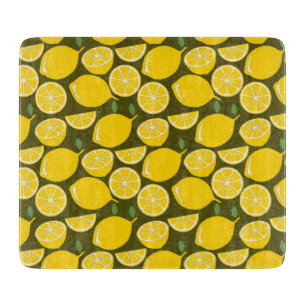 Yellow Lemons & Olive Green Pattern: Modern Citrus Cutting Board