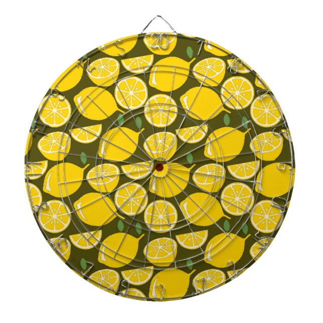 Yellow Lemons & Olive Green Pattern: Modern Citrus Dartboard (Front)