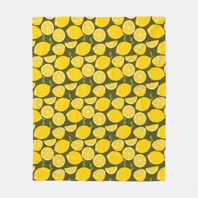 Yellow Lemons & Olive Green Pattern: Modern Citrus Fleece Blanket (Front)