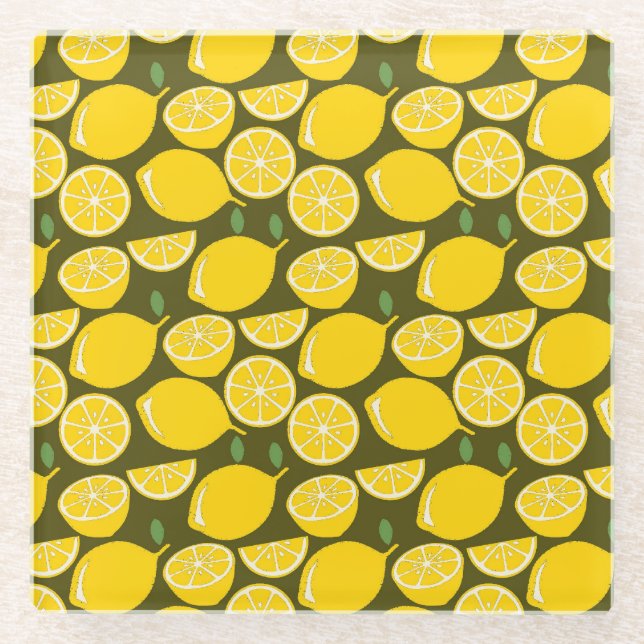 Yellow Lemons & Olive Green Pattern: Modern Citrus Glass Coaster (Front)