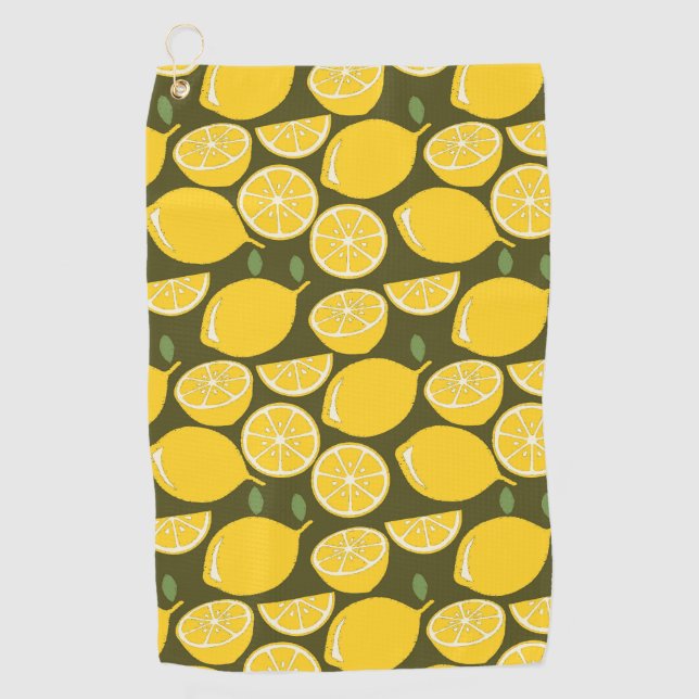 Yellow Lemons & Olive Green Pattern: Modern Citrus Golf Towel (Front)