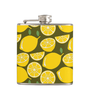 Yellow Lemons & Olive Green Pattern: Modern Citrus Hip Flask