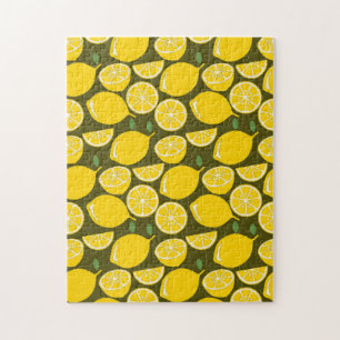 Yellow Lemons & Olive Green Pattern: Modern Citrus Jigsaw Puzzle