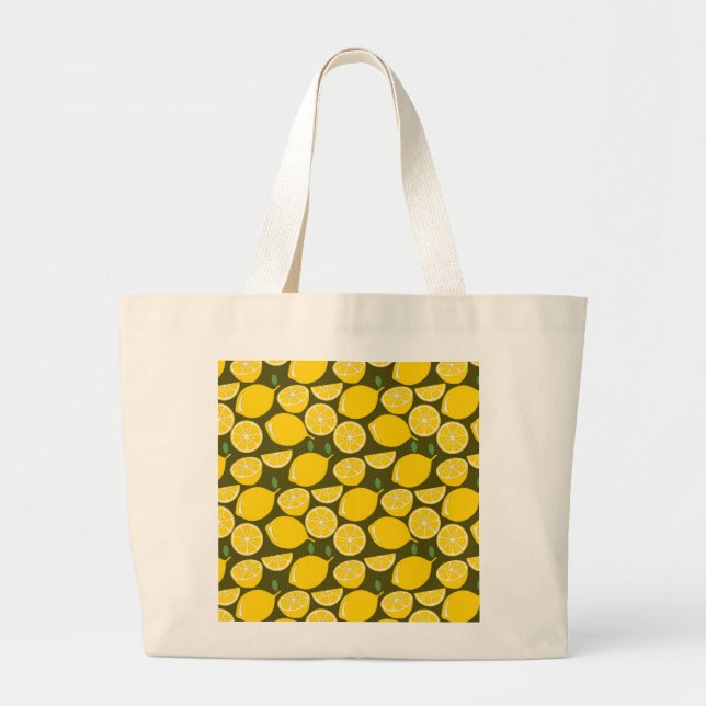 Yellow Lemons & Olive Green Pattern: Modern Citrus Large Tote Bag (Front)