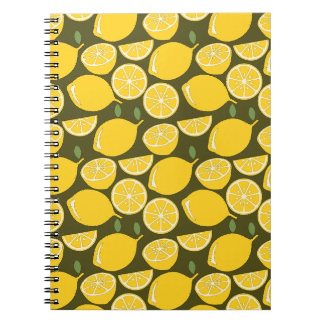 Yellow Lemons & Olive Green Pattern: Modern Citrus Notebook (Front)