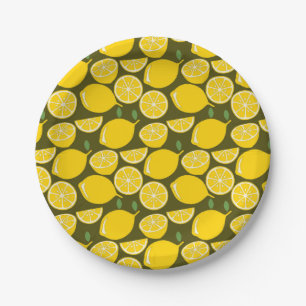 Yellow Lemons & Olive Green Pattern: Modern Citrus Paper Plate