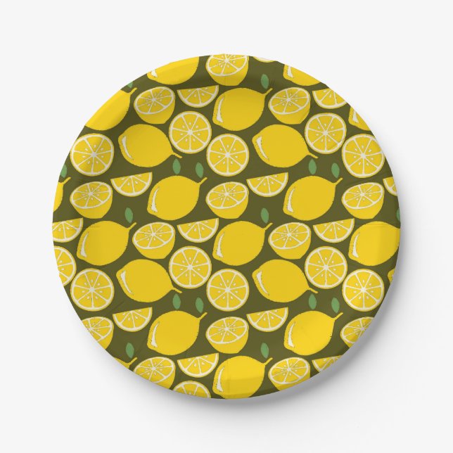 Yellow Lemons & Olive Green Pattern: Modern Citrus Paper Plate (Front)