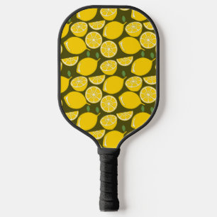 Yellow Lemons & Olive Green Pattern: Modern Citrus Pickleball Paddle