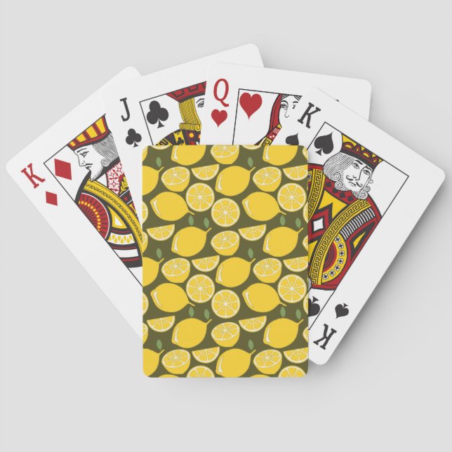 Yellow Lemons & Olive Green Pattern: Modern Citrus Playing Cards (Back)
