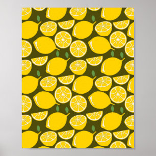 Yellow Lemons & Olive Green Pattern: Modern Citrus Poster