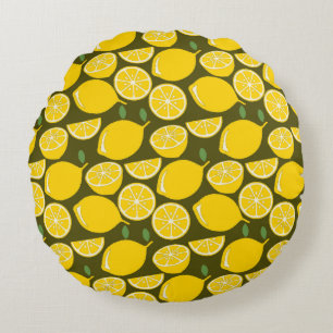 Yellow Lemons & Olive Green Pattern: Modern Citrus Round Cushion