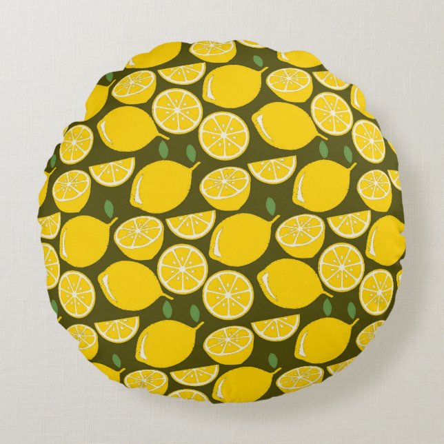 Yellow Lemons & Olive Green Pattern: Modern Citrus Round Cushion (Front)