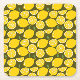 Yellow Lemons & Olive Green Pattern: Modern Citrus Square Paper Coaster
