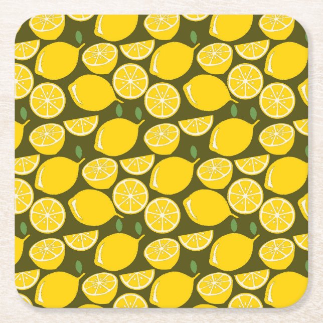 Yellow Lemons & Olive Green Pattern: Modern Citrus Square Paper Coaster (Front)