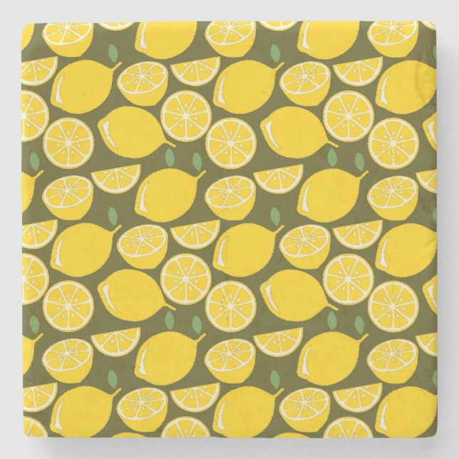 Yellow Lemons & Olive Green Pattern: Modern Citrus Stone Coaster (Front)