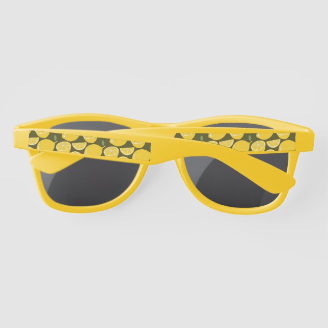 Yellow Lemons & Olive Green Pattern: Modern Citrus Sunglasses (Back)