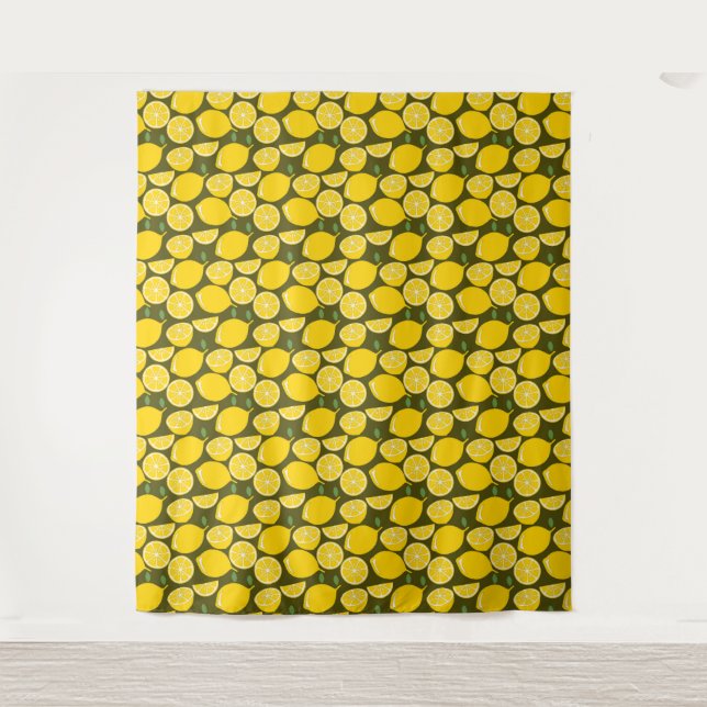 Yellow Lemons & Olive Green Pattern: Modern Citrus Tapestry (Front)