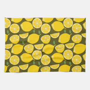 Yellow Lemons & Olive Green Pattern: Modern Citrus Tea Towel