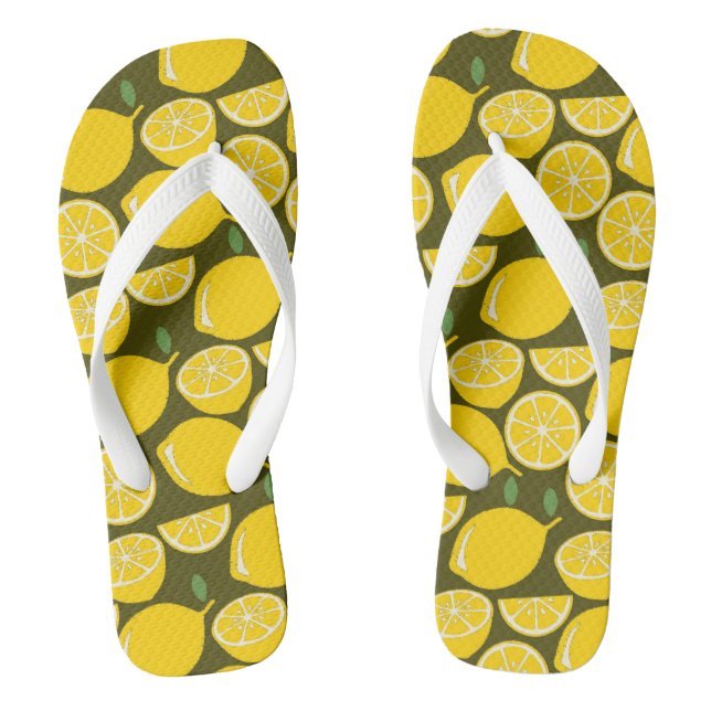 Yellow Lemons & Olive Green Pattern: Modern Citrus Thongs (Footbed)