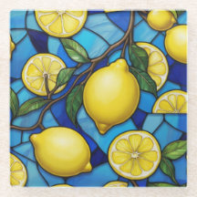 Yellow Lemons on Blue Stained Glass Art
