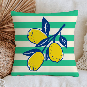 Yellow Lemons on Green Stripes Modern Citrus Fruit Cushion