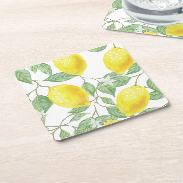 Yellow Lemons on Vine  Square Paper Coaster (Angled)