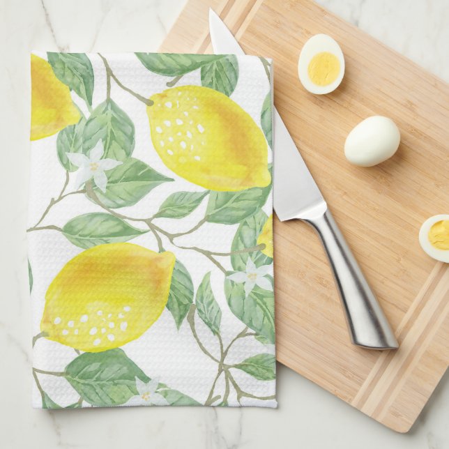 Yellow Lemons On Vines Design Tea Towel (Quarter Fold)