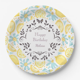 Yellow Lemons & Pastel Blue Flowers Happy Birthday Paper Plate
