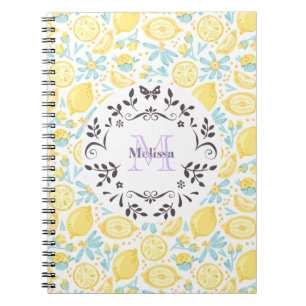 Yellow Lemons & Pastel Blue Flowers Monogram Name Notebook