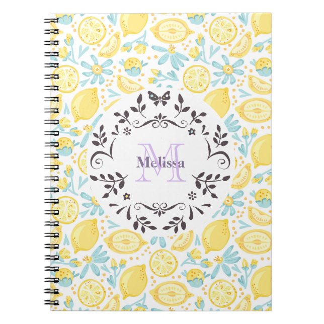 Yellow Lemons & Pastel Blue Flowers Monogram Name Notebook (Front)