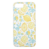 Yellow Lemons & Pastel Blue Flowers Pattern