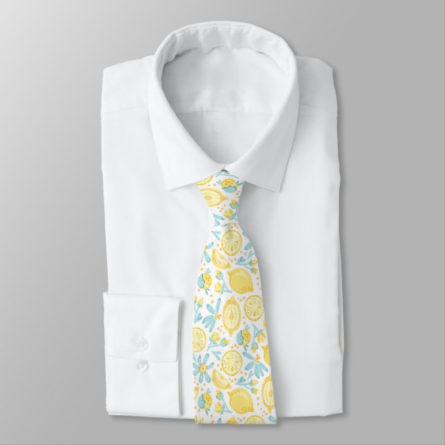 Yellow Lemons & Pastel Blue Flowers Pattern Tie (Tied)