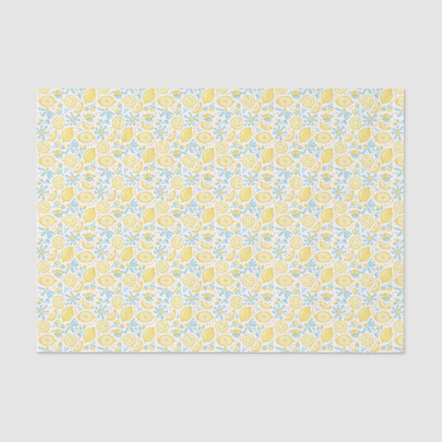 Yellow Lemons & Pastel Blue Flowers Pattern Tissue Paper (Front)