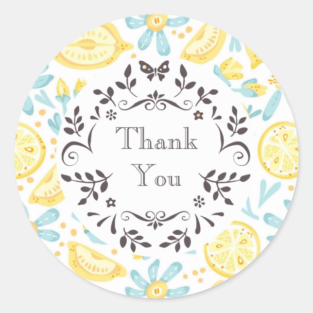 Yellow Lemons & Pastel Blue Flowers Thank You Classic Round Sticker (Front)