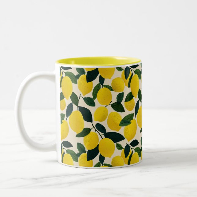 Yellow Lemons Pattern Citrus Fruit Mediterranean  Two-Tone Coffee Mug (Left)