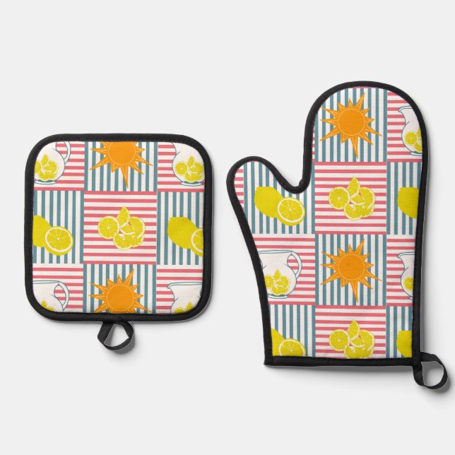 Yellow Lemons Pink Stripes Oven Mitt & Pot Holder Set (Front)