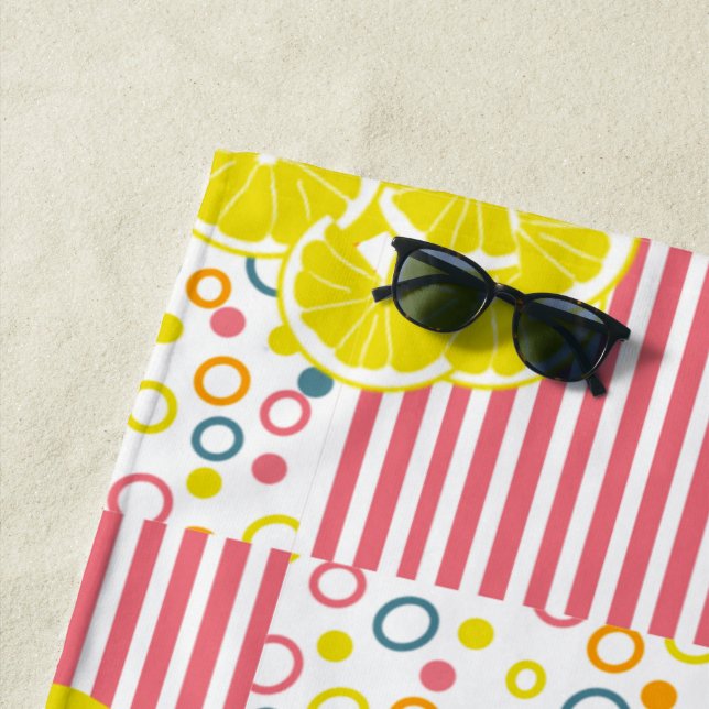 Yellow lemons Pink Stripes Pastel Circles Beach Towel (In Situ)